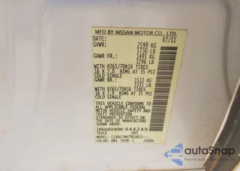 2011 Nissan Frontier Sv z USA, uszkodzony, nr VIN 1N6AD0ER0BC444249